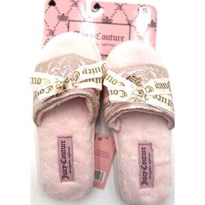Juicy Couture Womens Plush Pink Slippers Size S With Quilted Logo Bow Design
